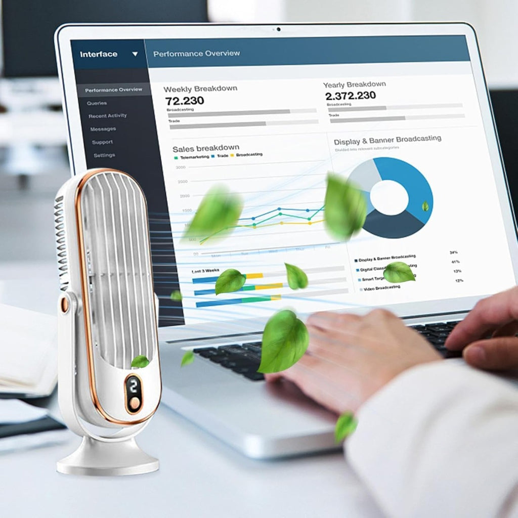 Ventilatore da tavolo senza pale bianco su scrivania accanto a laptop
