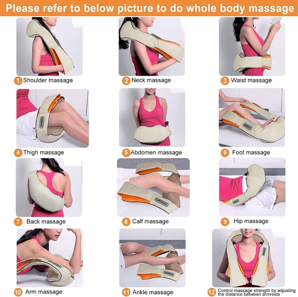 Massaggiatore cervicale e schiena beige e arancione mostrato su spalle e gambe