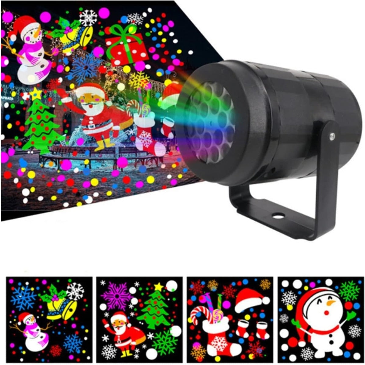 Proiettore natalizio nero con fascio luminoso e pattern natalizi multicolore