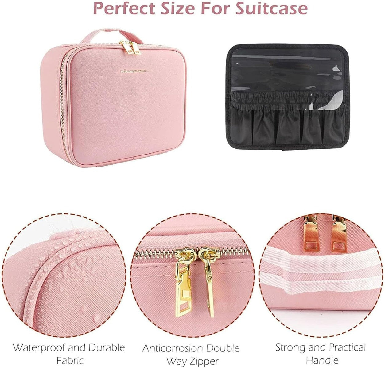 Borsa trucco da viaggio rosa e nera con specchio LED integrato e zip resistente