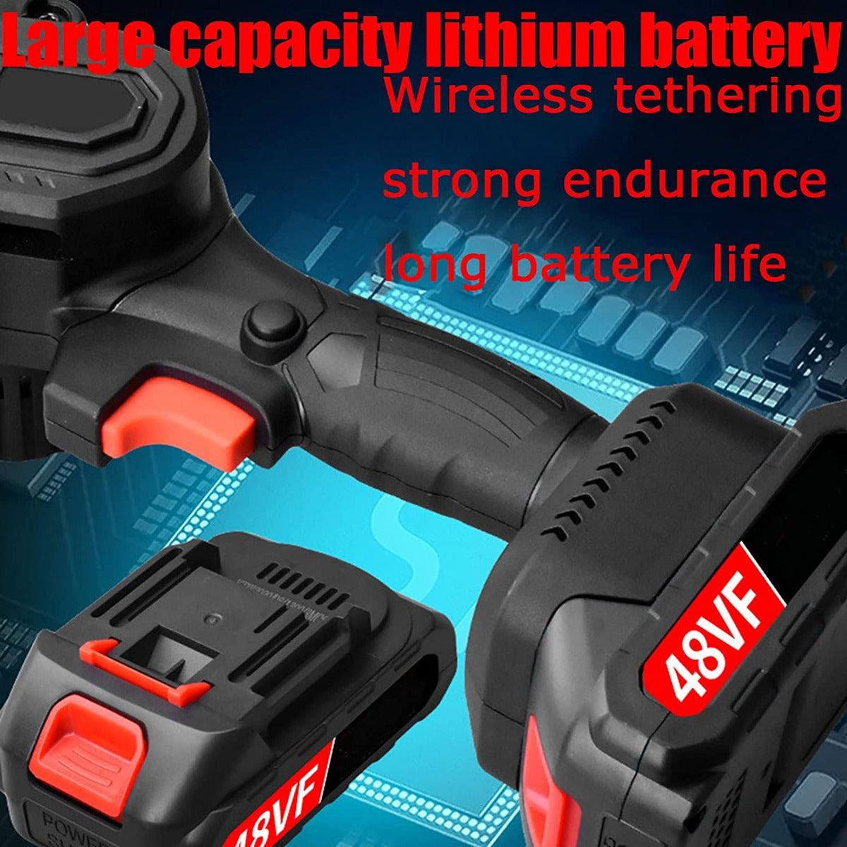 Batteria ricaricabile 48V per mini motosega a catena, alloggiamento nero e rosso