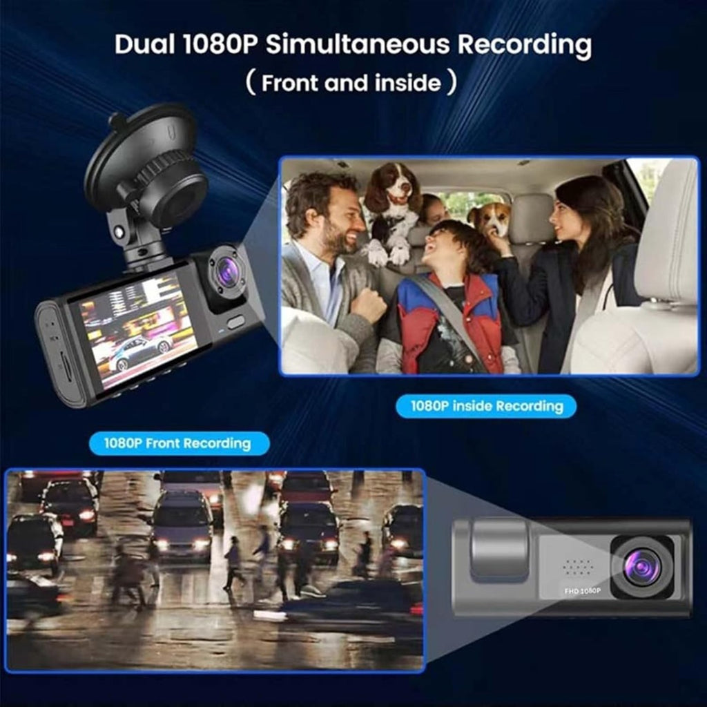 Dash cam tripla con registrazione simultanea 1080P, lente frontale e interna.