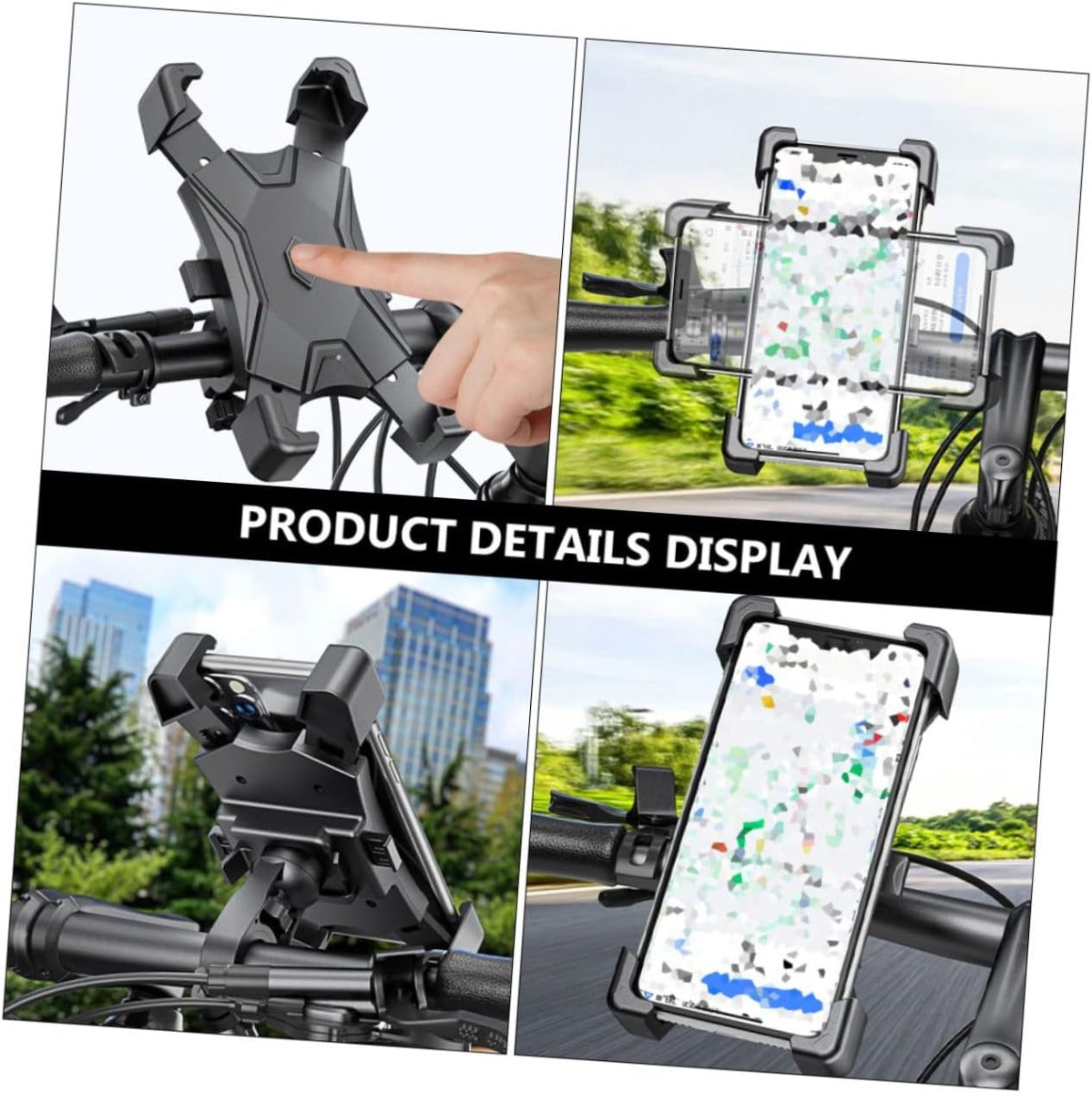 Supporto telescopico per smartphone universale grigio su manubrio con telefono inserito