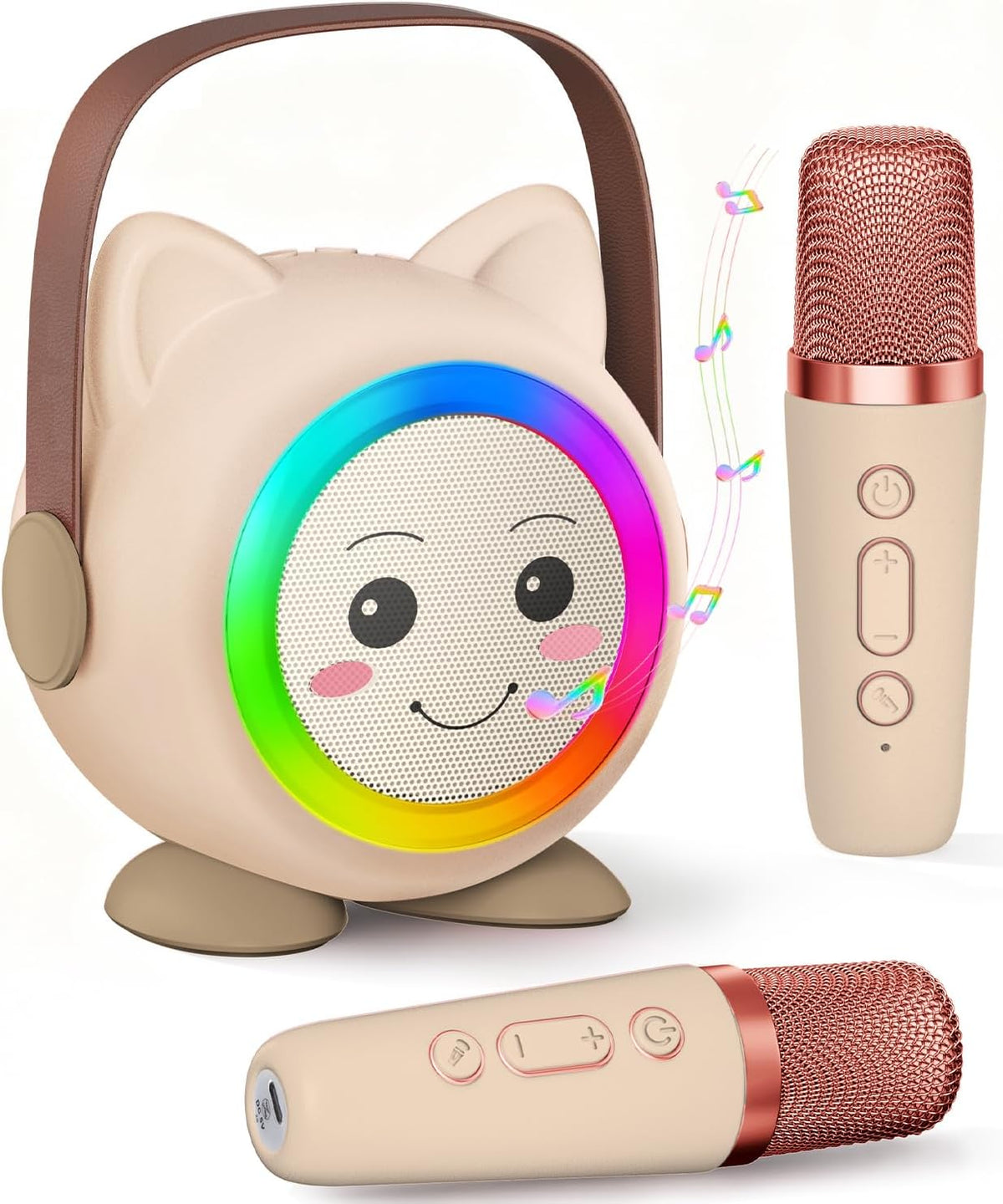 Mini karaoke portatile beige con due microfoni wireless e luci LED colorate