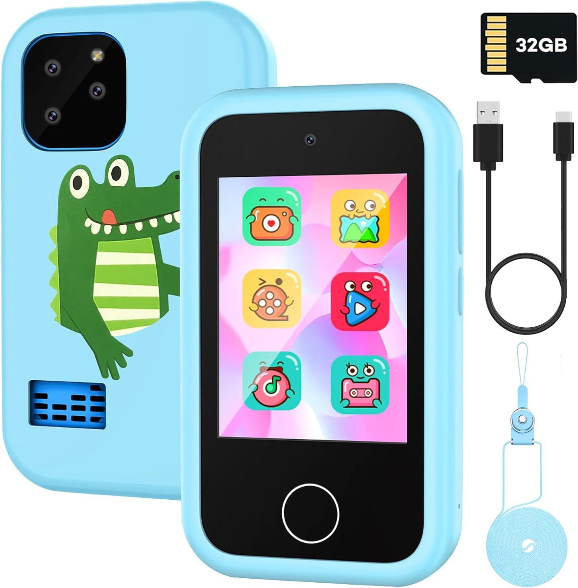 Telefono per bambini azzurro con schermo nero e cover con disegni di dinosauro verde