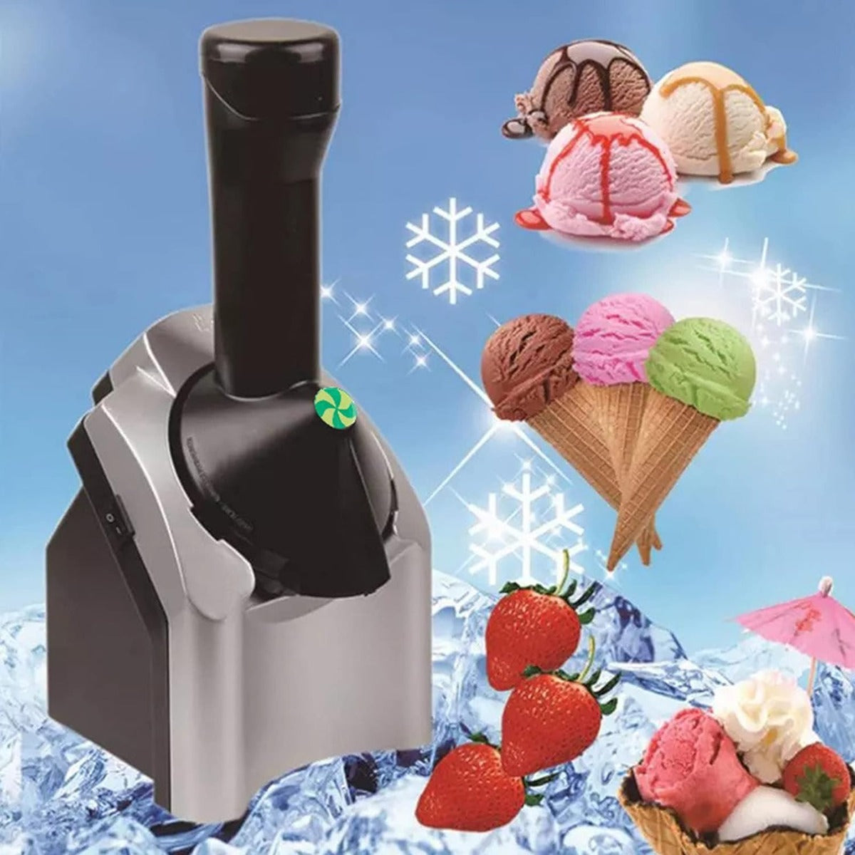 Gelatiera elettrica con base grigia e bocchetta nera, con gelati a cono.