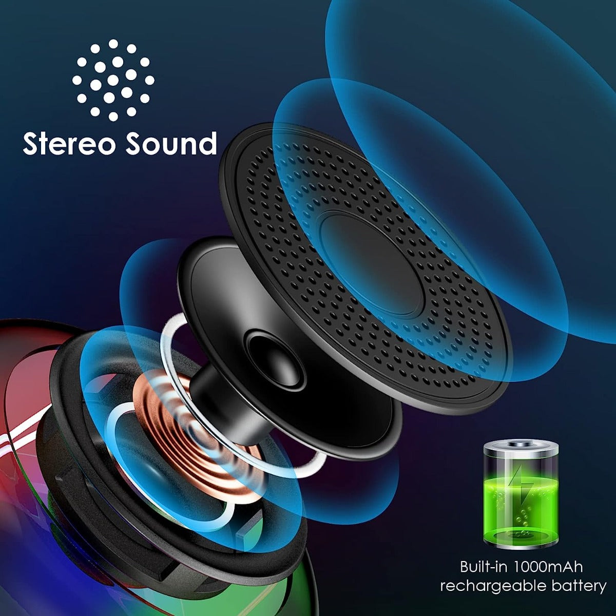 Mini altoparlante con griglia superiore e luce LED RGB, effetto stereo