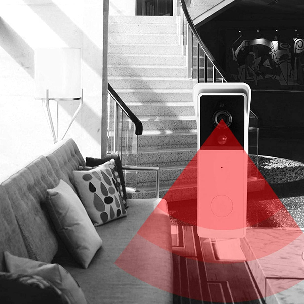 Videocitofono WiFi bianco con fotocamera nera e pulsante circolare