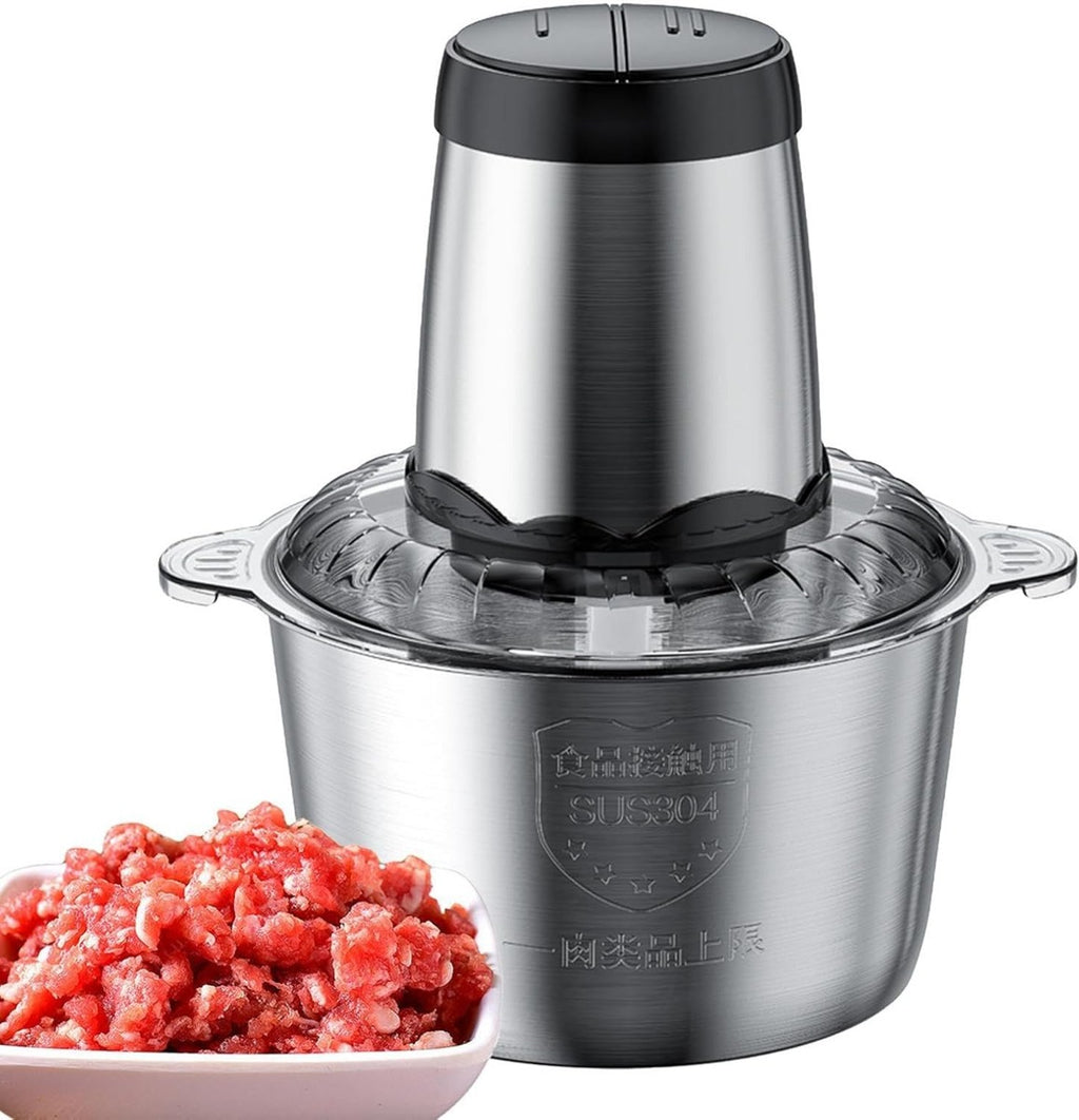 Tritatutto elettrico in acciaio inox con coperchio nero e ciotola in metallo