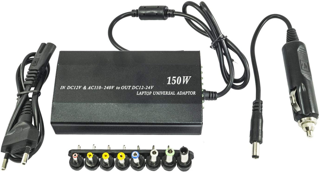 Alimentatore auto universale 150W con cavi e connettori DC, 12V-24V