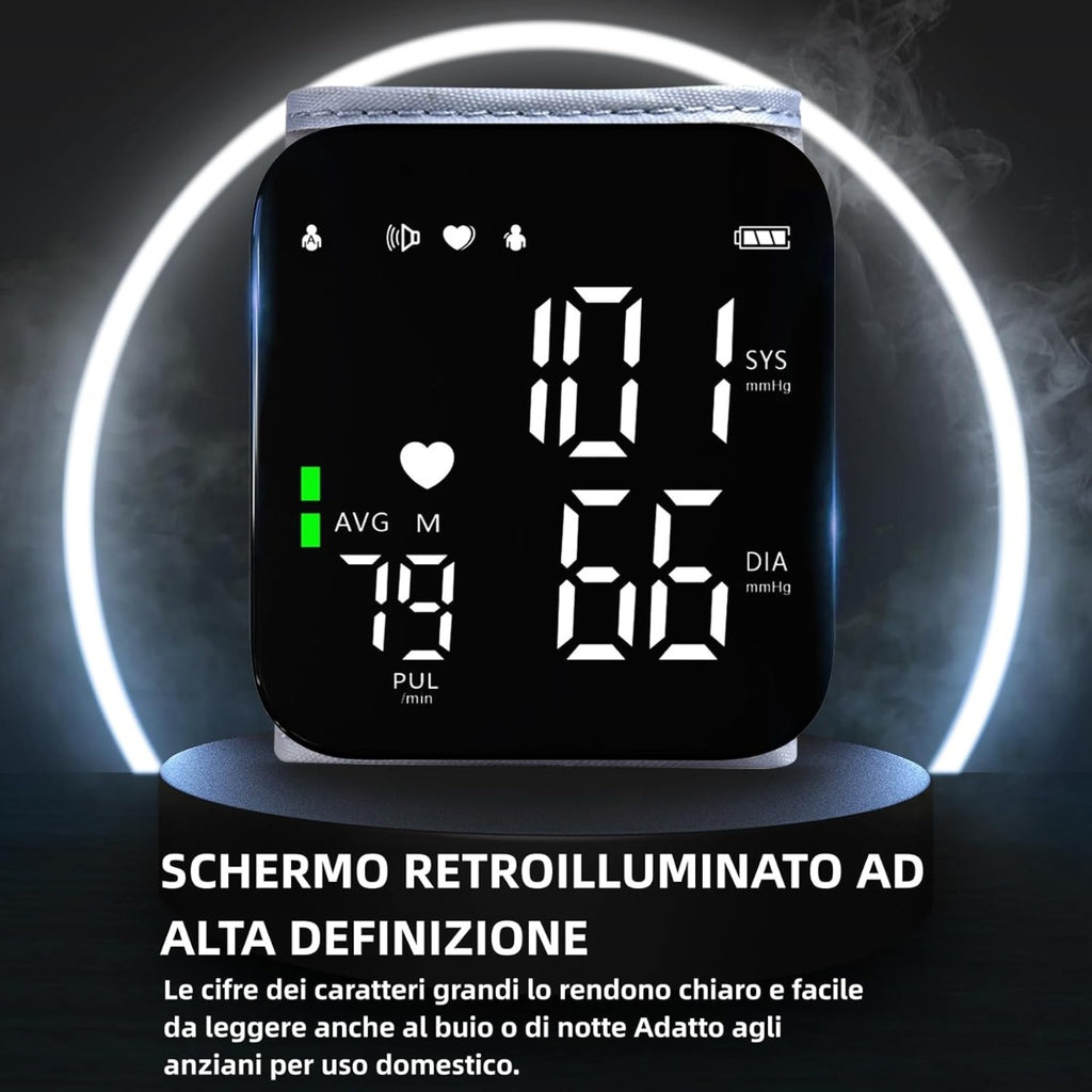 Misuratore di pressione da polso con display LED acceso e retroilluminazione
