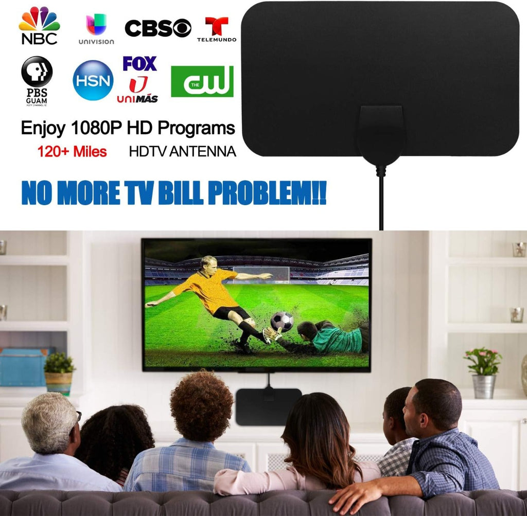 Antenna TV interna nera con amplificatore compatto e due cavi, spinotto coassiale