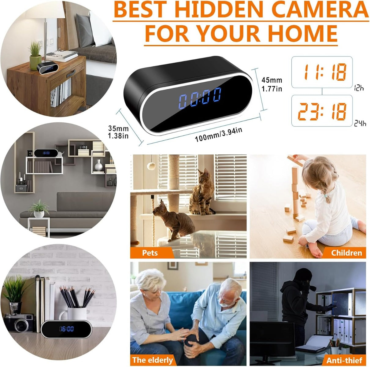 Telecamera spia a orologio WiFi nera con display blu e prospettiva laterale