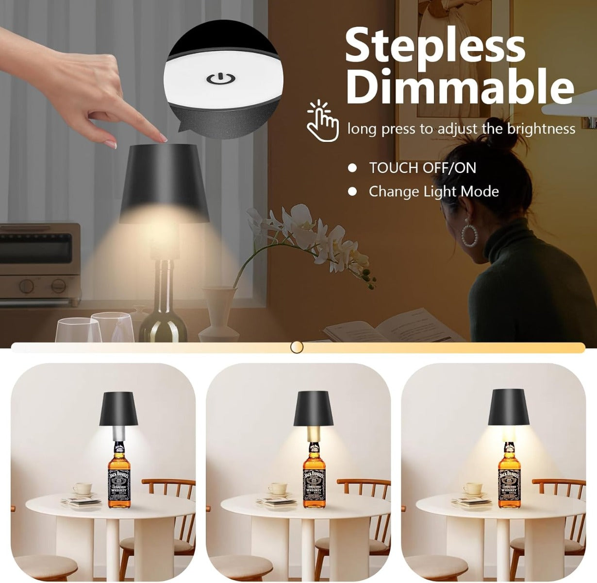 Lampada a Bottiglia Wireless Dimmerabile Touch – LED Ricaricabile USB – Colore Nero, 3 Opzioni di Luce – Lampada da Tavolo Portatile per Casa, Bar, Ristorante