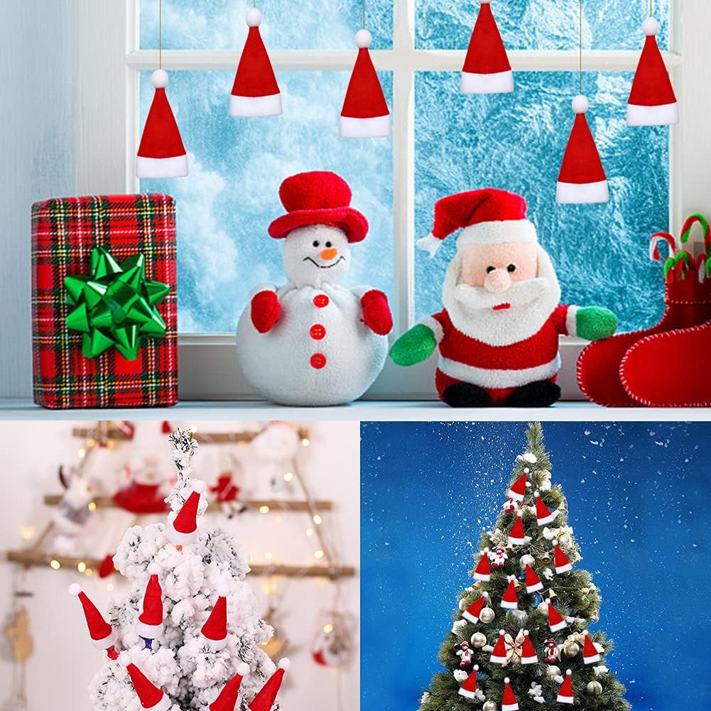 Mini cappelli di Babbo Natale rossi con pon-pon, decorazioni appese vicino alla finestra