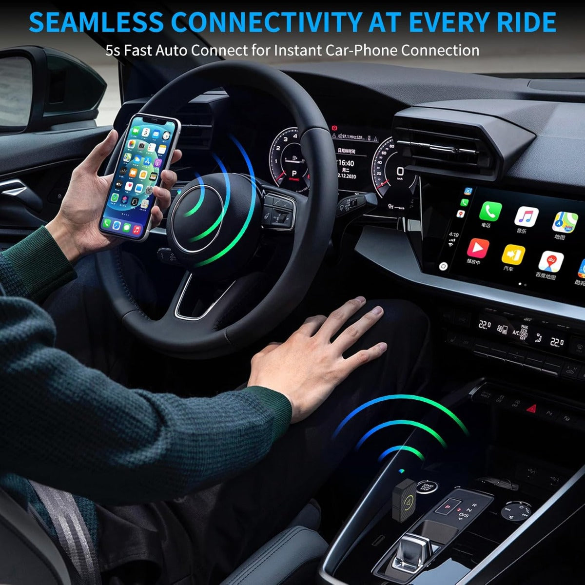 Adattatore wireless nero per CarPlay/Android Auto con indicatori luminosi gialli