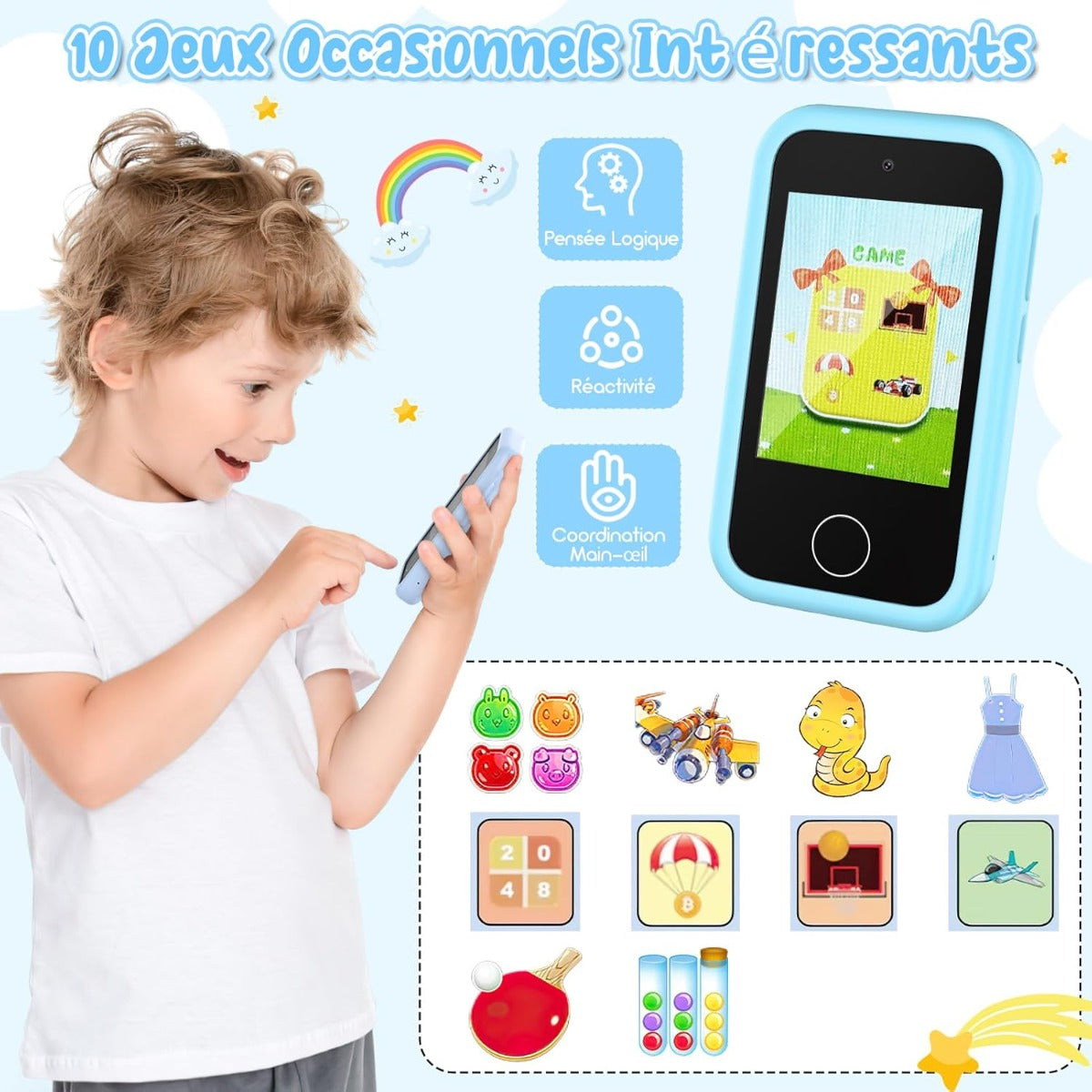 Telefono per bambini azzurro con schermo acceso, icone e grafica a tema cartoni