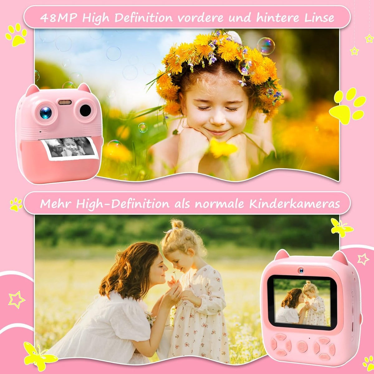 Fotocamera istantanea per bambini rosa a forma di gatto con schermo e pulsanti sul retro