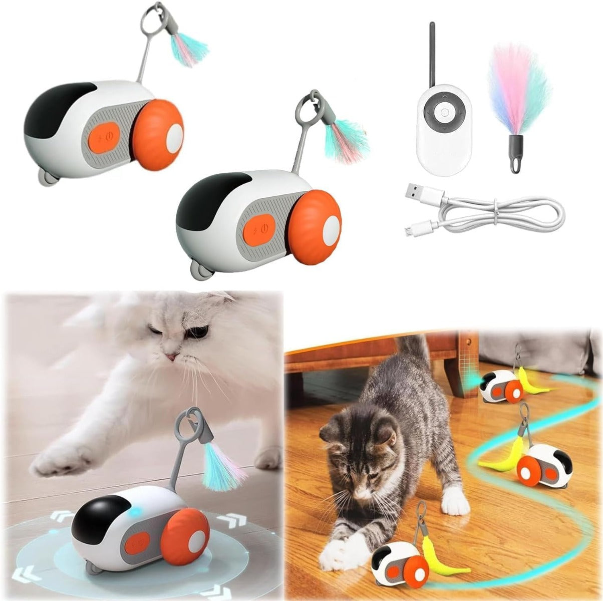 Giocattolo per gatti elettrico bianco e arancione con piume, telecomando e cavi USB