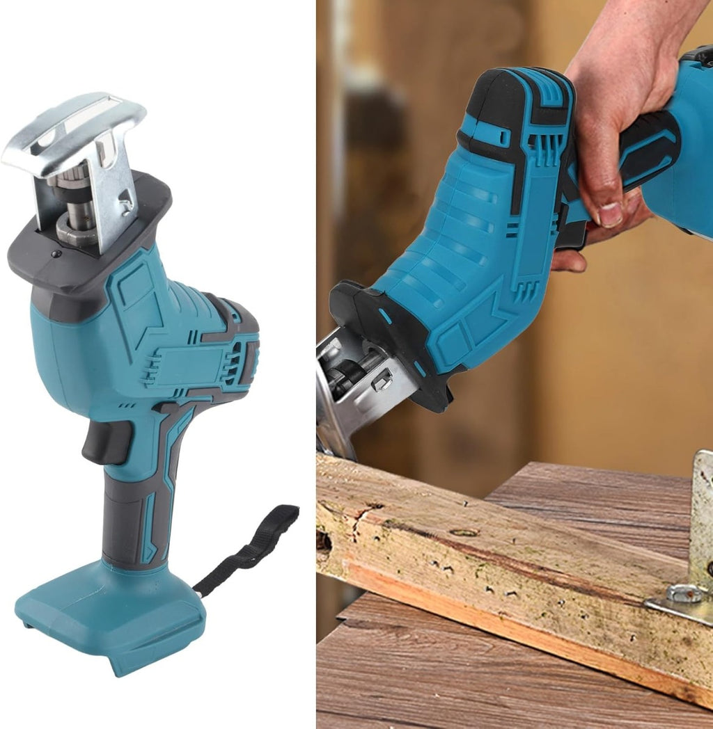 Seghetto alternativo a batteria blu usato per tagliare una tavola di legno