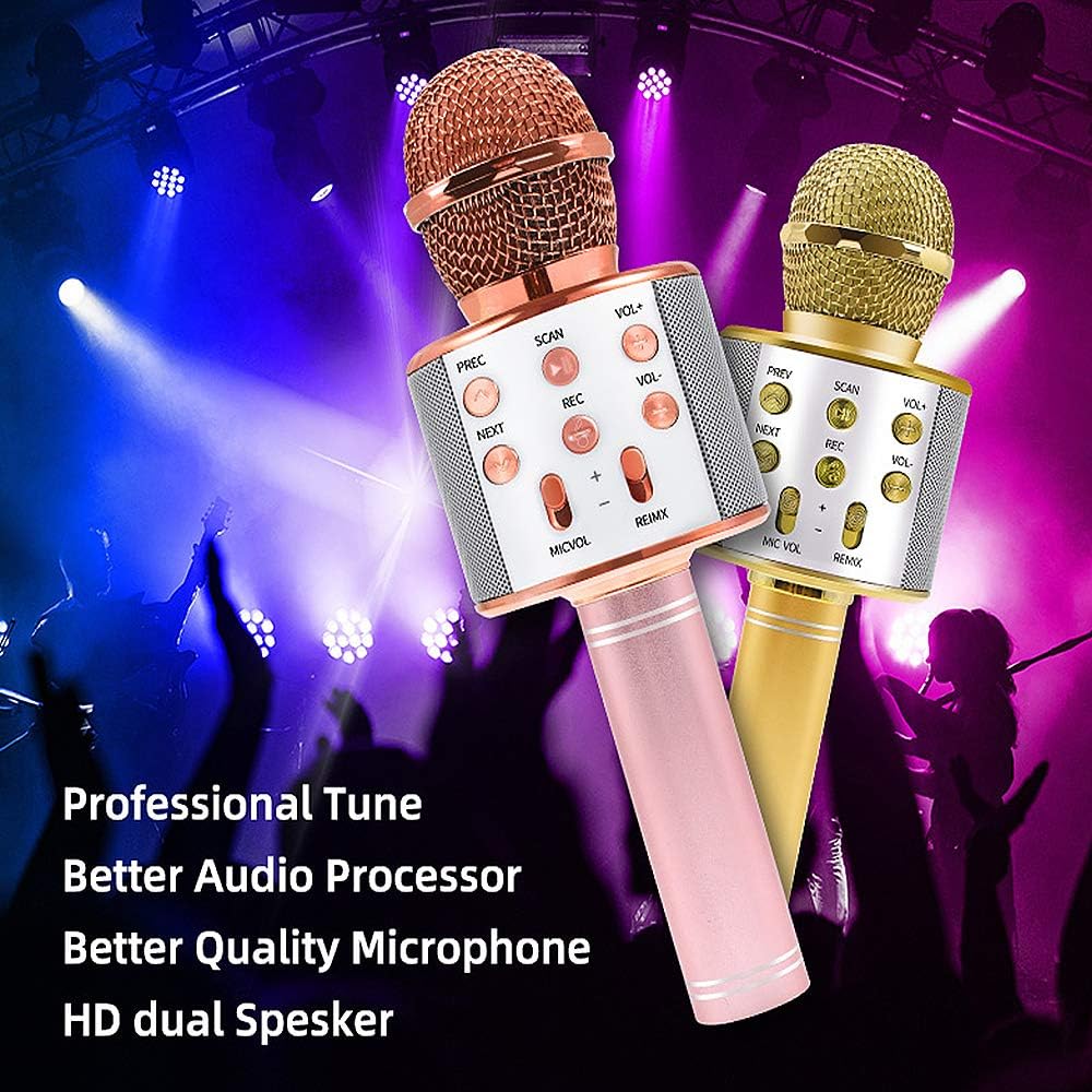Microfono karaoke wireless con griglie dorata e rossa, manici metallico rosa e oro.