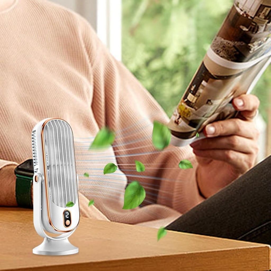 Ventilatore da tavolo senza pale bianco su supporto, con bottiglia in mano nelle vicinanze