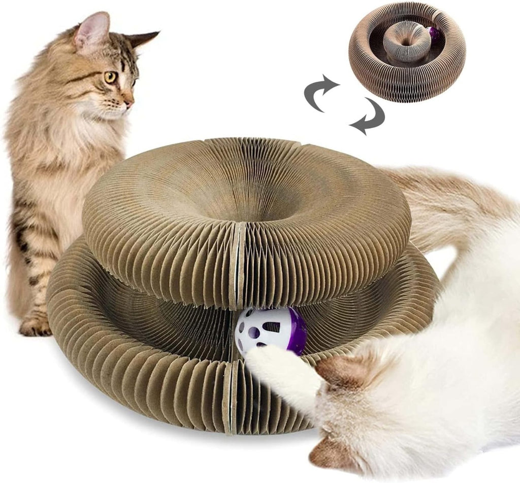 Tiragraffi circolare in cartone con palla giocattolo viola e grigio, per gatti