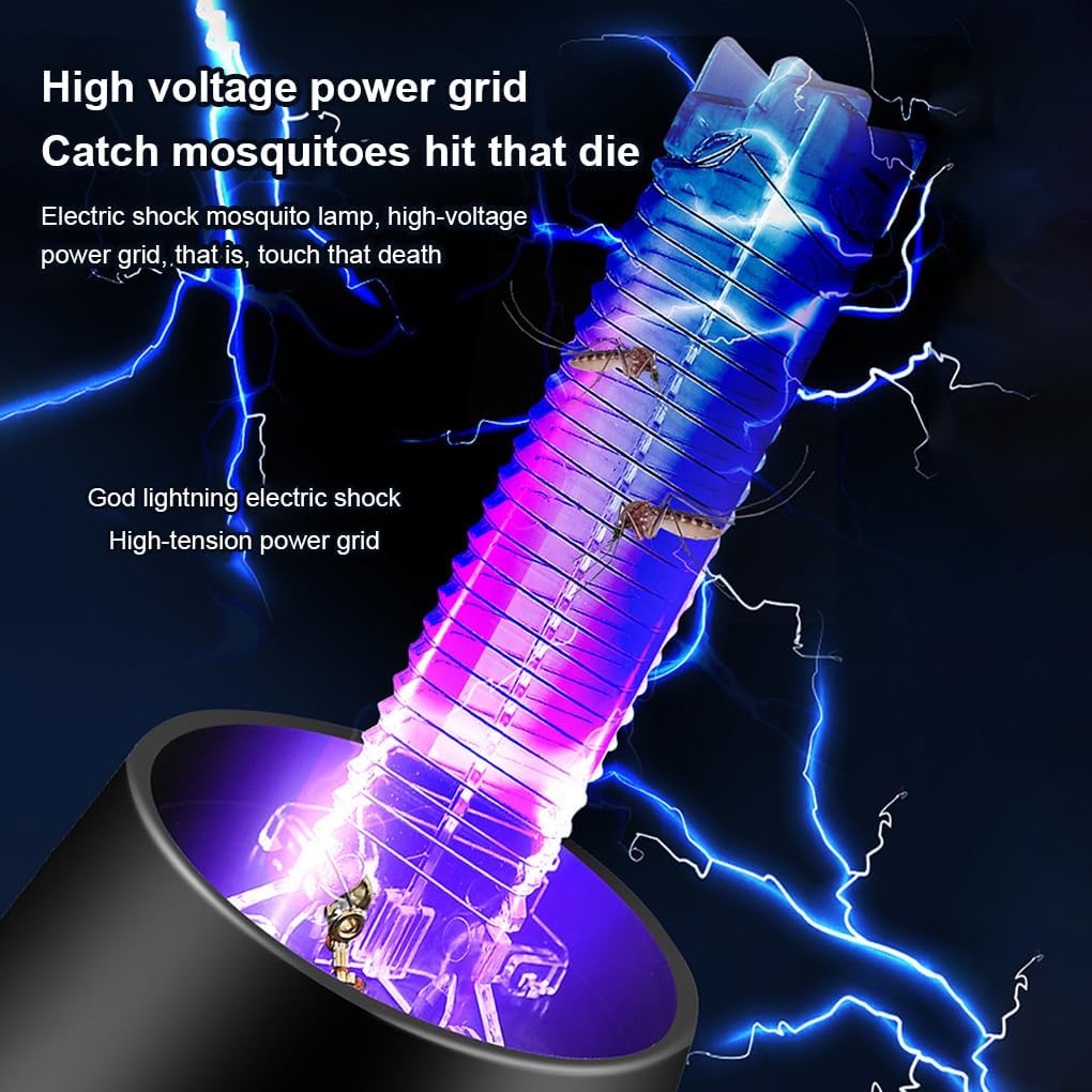 Lampada zanzariera elettrica con tubo viola e scariche elettriche blu, dettaglio ravvicinato.