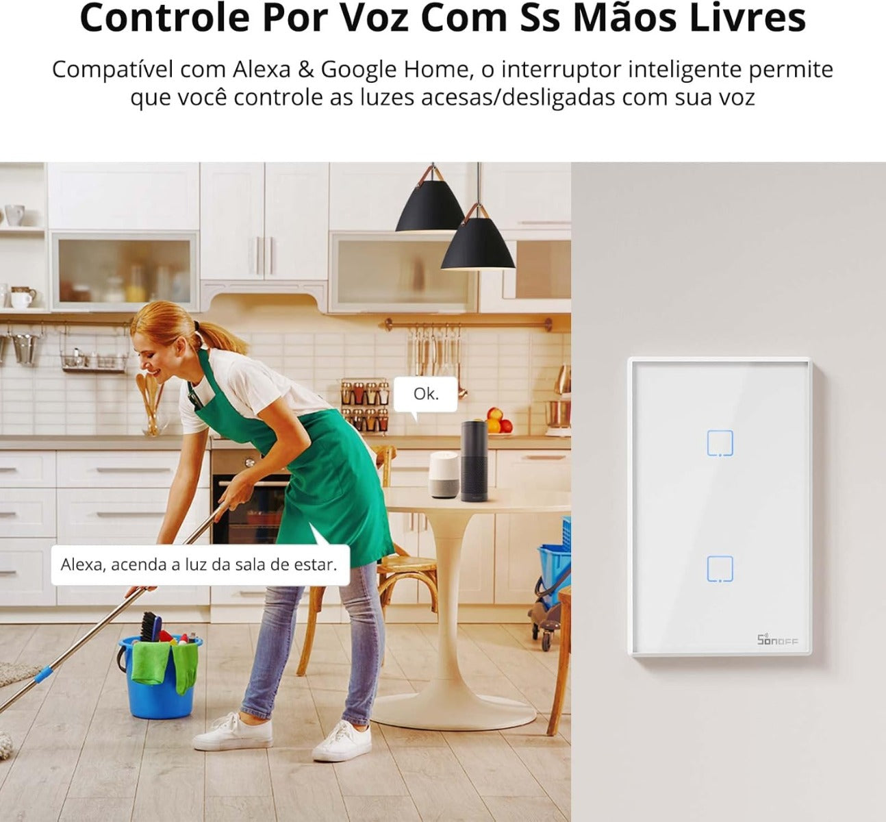 Interruttore smart WiFi a parete bianco con due pulsanti touch e logo Sonoff