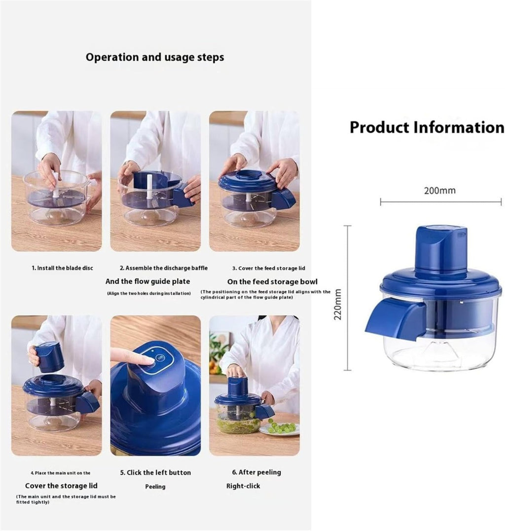 Sbucciatrice elettrica blu con base trasparente e vano di raccolta