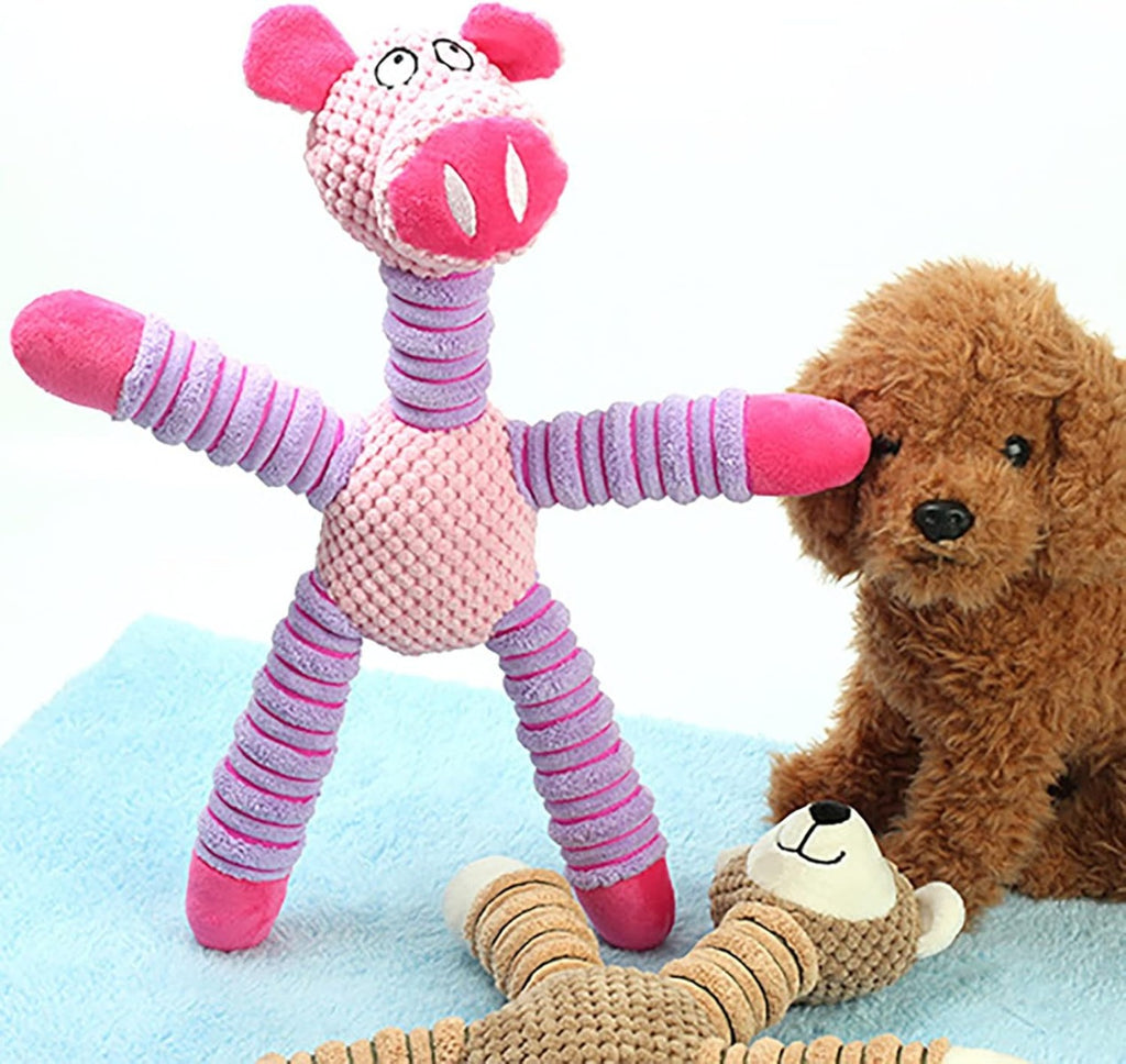 Giocattolo in peluche per cani a forma di maialino rosa, muso bianco e zampe grigie a righe
