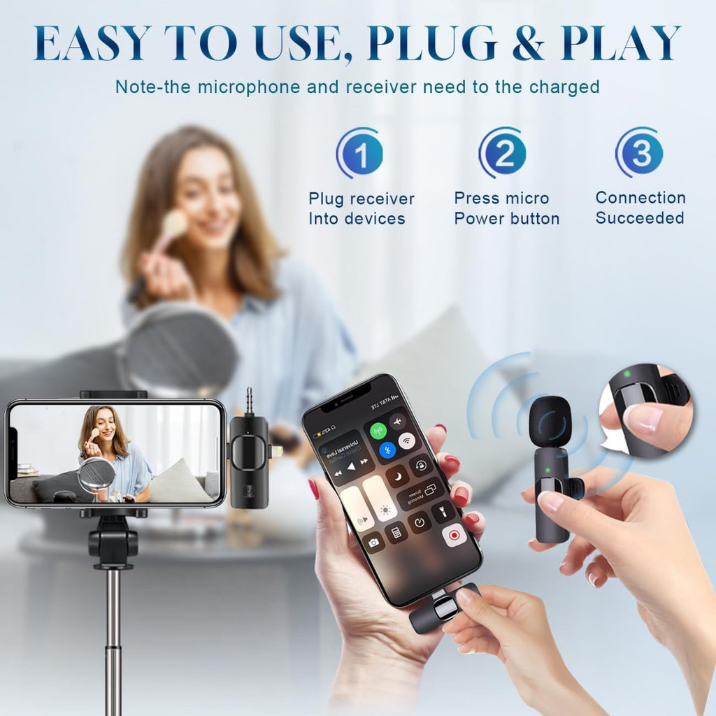 Microfono lavalier wireless nero con ricevitore e staffa per smartphone