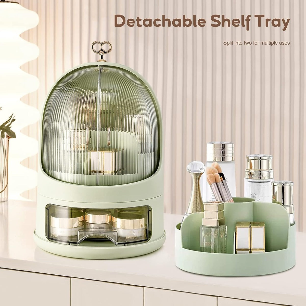 Organizer cosmetici con cupola verde trasparente, base bianca e vassoio estraibile