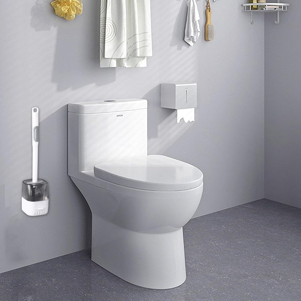 Scopino WC da parete con supporto trasparente cilindrico e spazzola con manico bianco