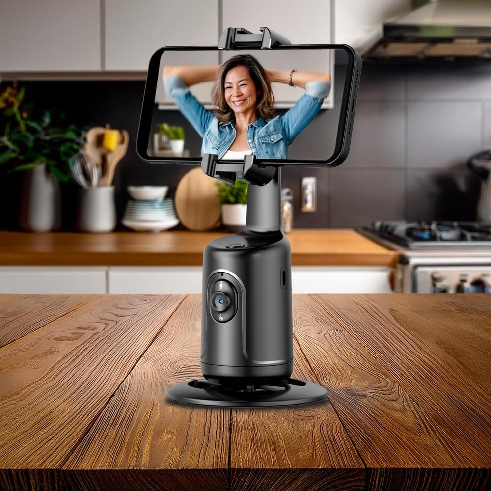 Stabilizzatore per smartphone nero in piedi su base con telefono montato