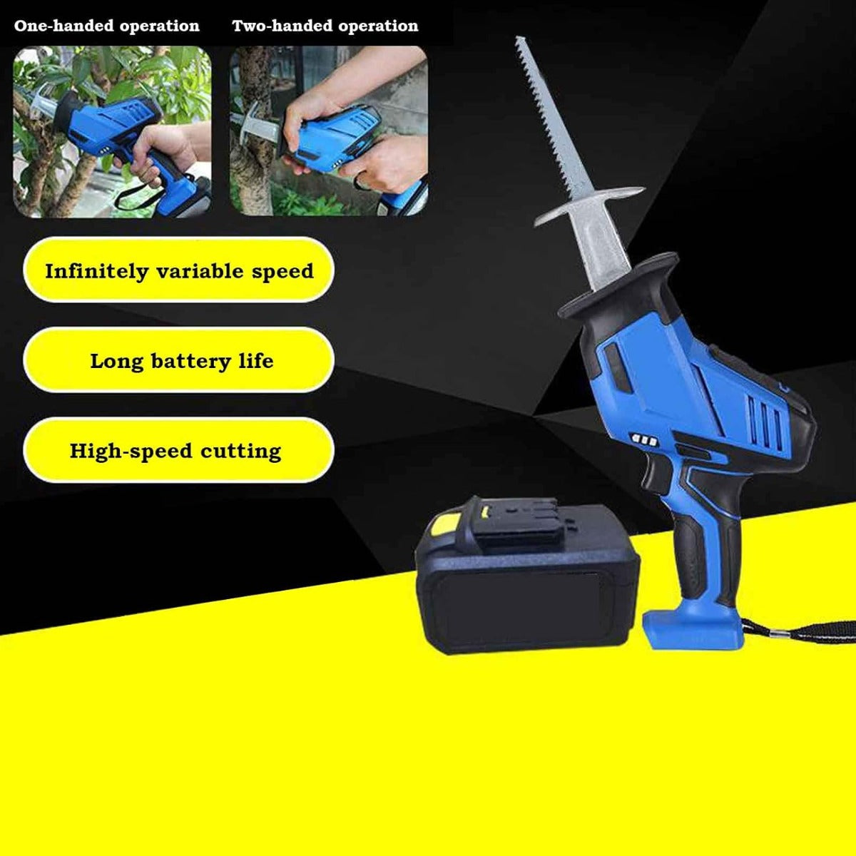 Sega a batteria blu con lama dentata e batteria nera, corpo compatto