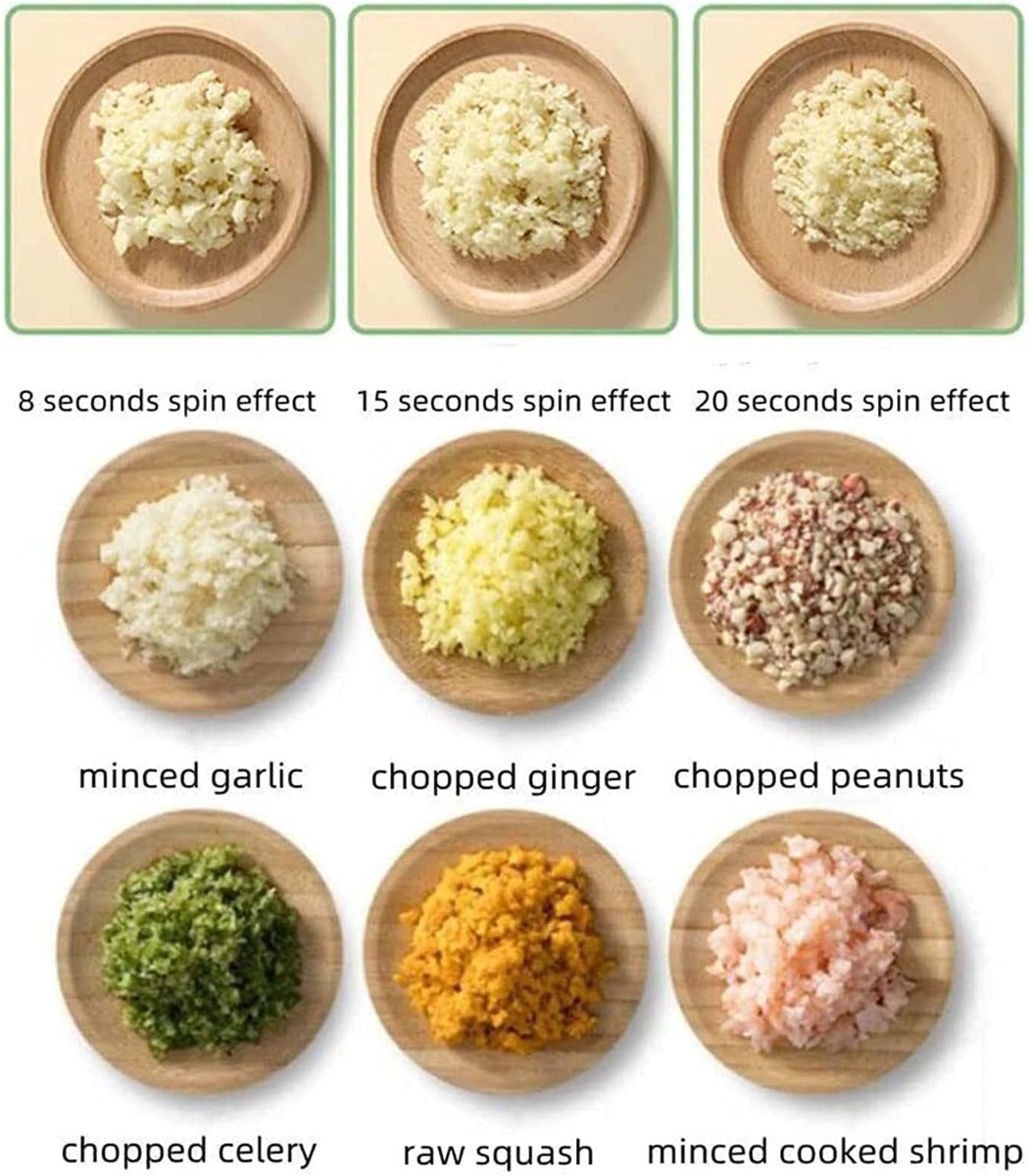 Ingredienti tritati in ciotole: aglio, zenzero, arachidi e altri