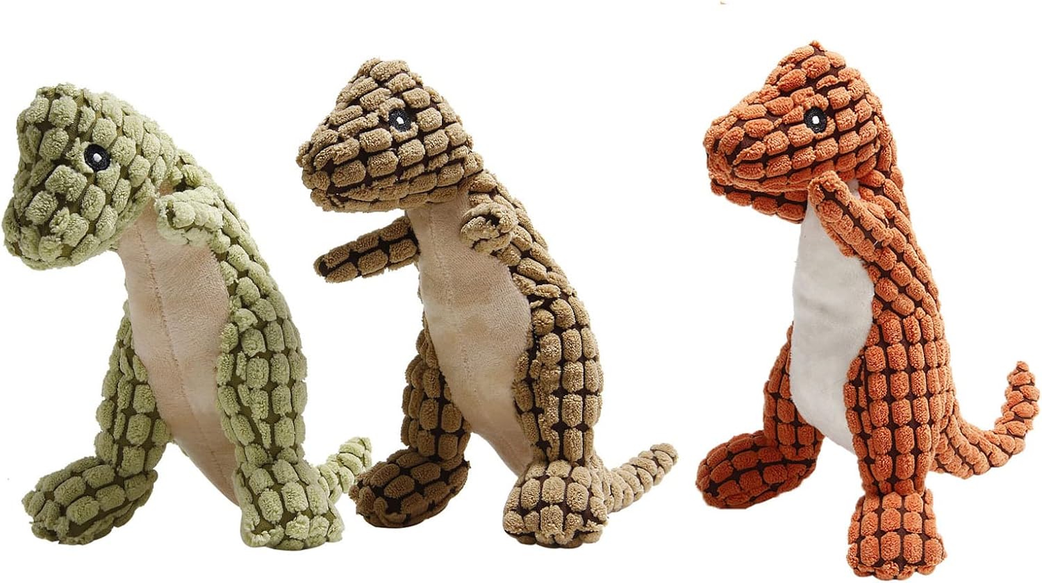 Set di peluche dinosauro verde, beige e arancione con squeaker