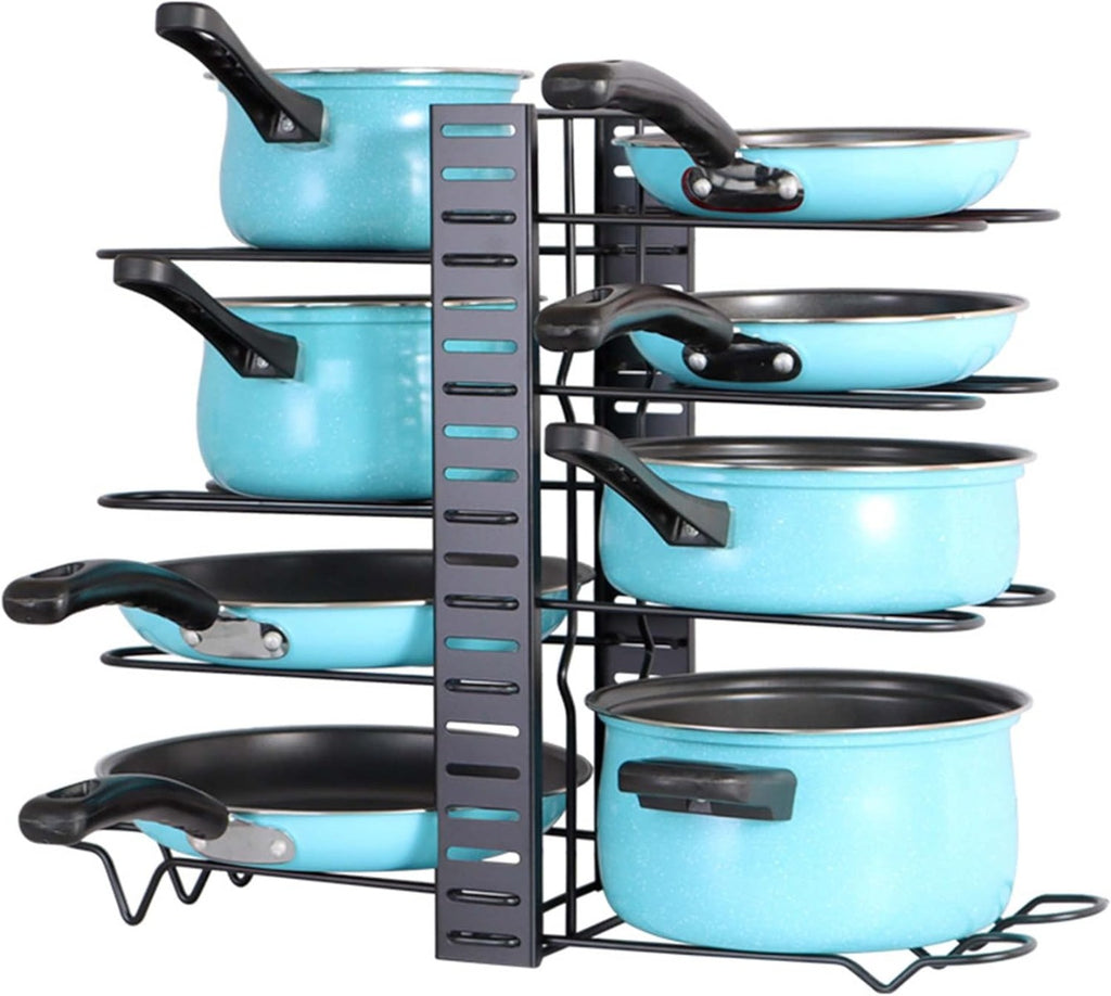 Supporto organizer nero per pentole e padelle con 8 ripiani e supporti per coperchi