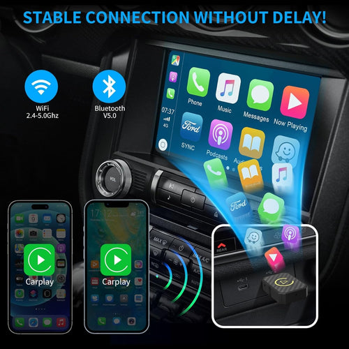 Adattatore wireless nero per CarPlay e Android Auto con indicatore LED giallo
