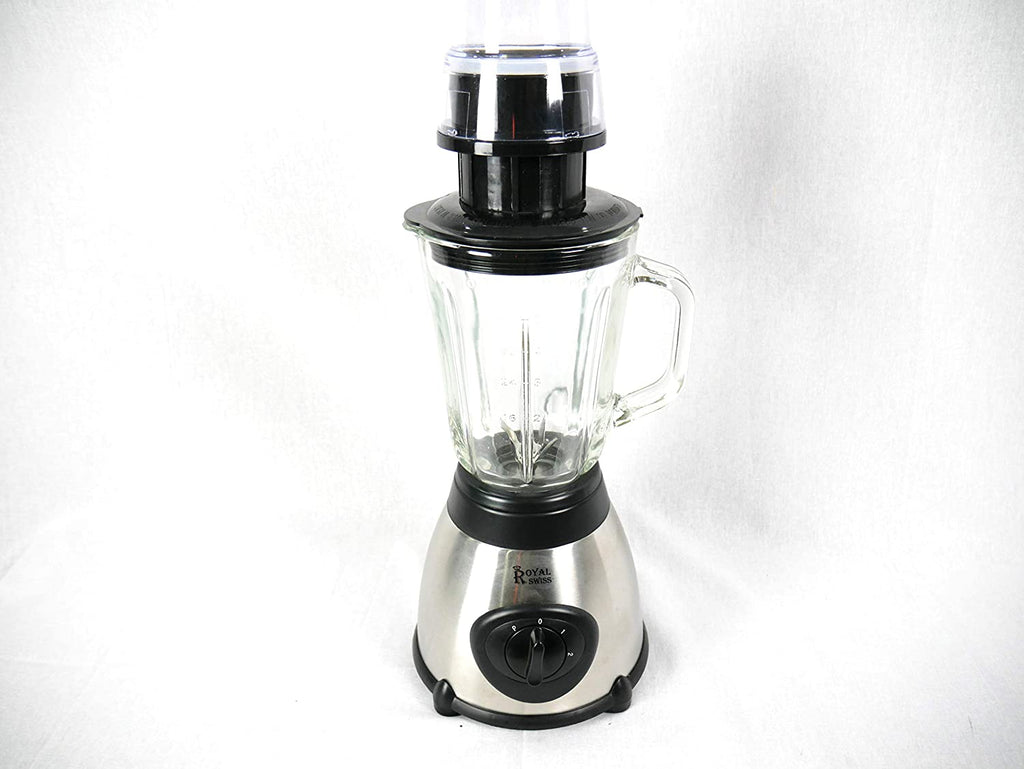 Frullatore multifunzione con caraffa trasparente e coperchio nero sulla base inox
