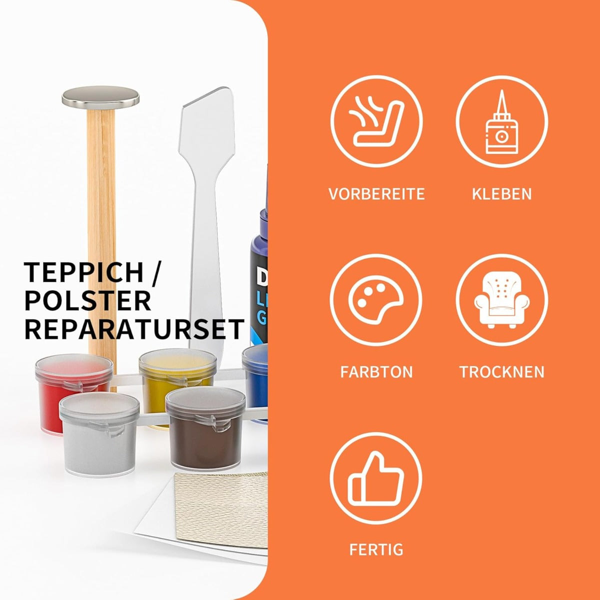 Kit riparazione rivestimenti con barattoli colorati, accessori e istruzioni visive