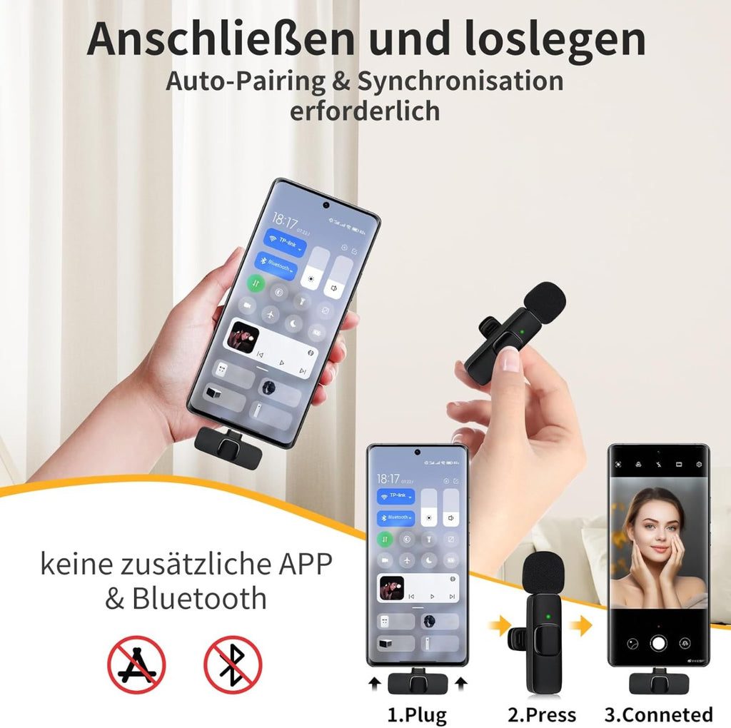 Microfono lavalier wireless nero con luce verde, collegato a smartphone