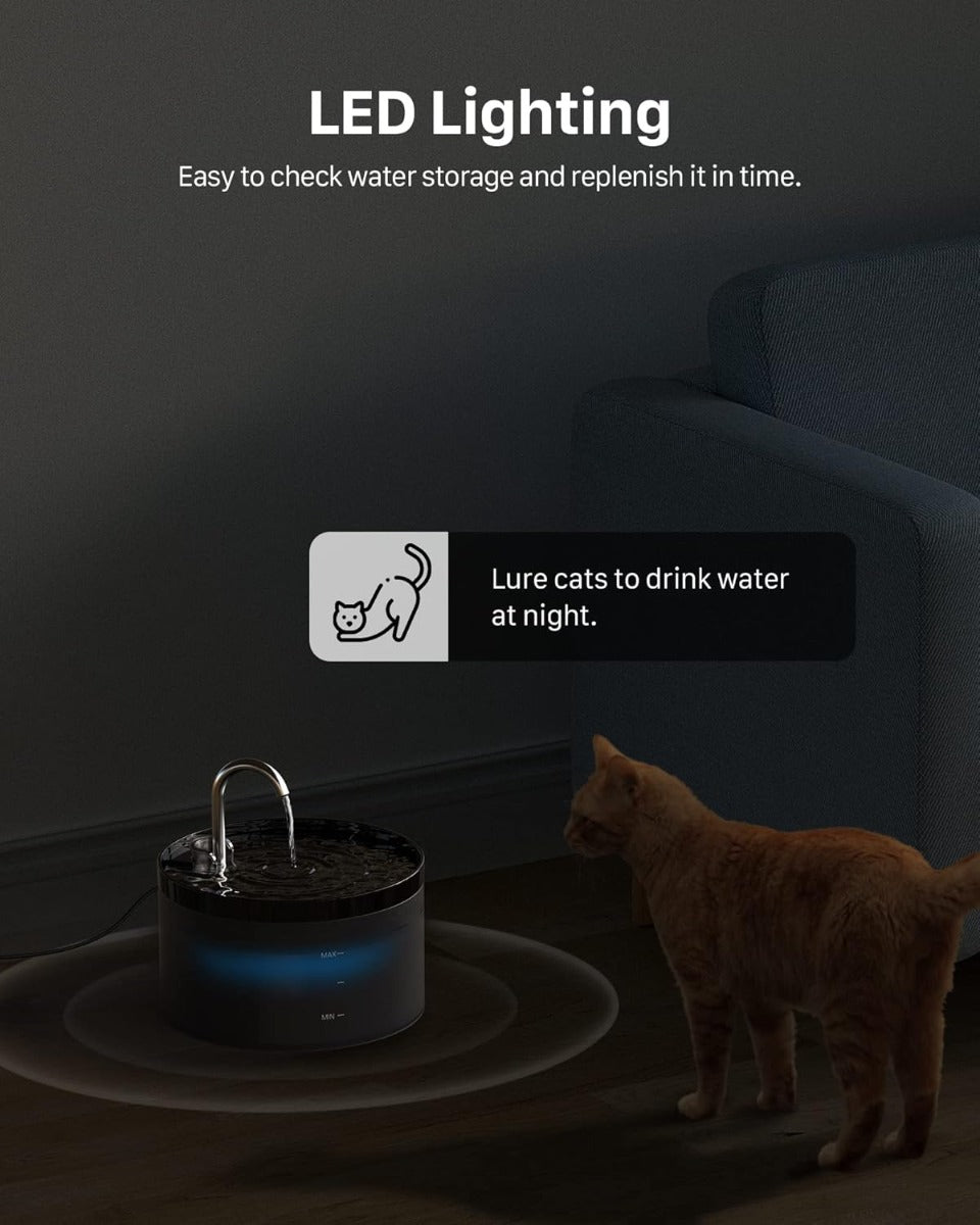 Fontanella nera con beccuccio cromato e luce LED blu, davanti a un gatto.