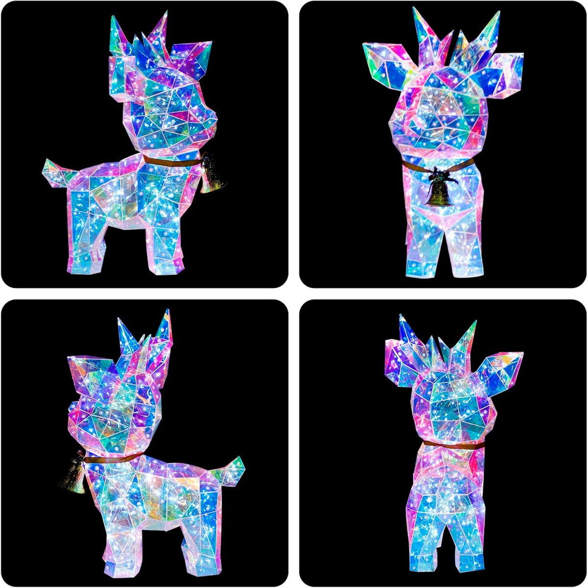 Cervo luminoso LED multicolore: 4 viste con fiocco e campanella, decorazione natalizia