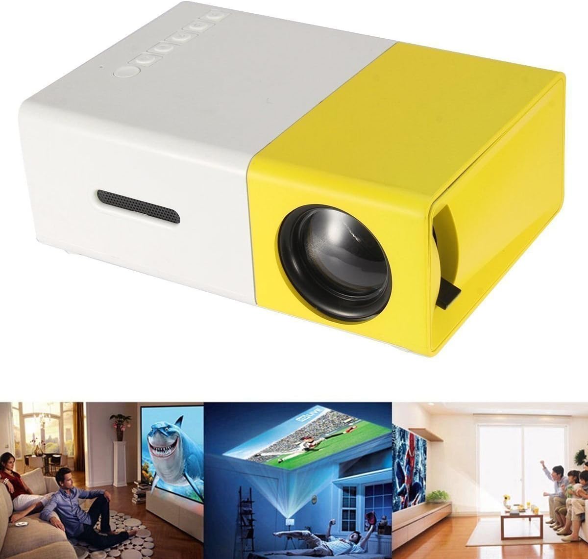 Mini proiettore portatile bianco e giallo con obiettivo nero e griglia frontale