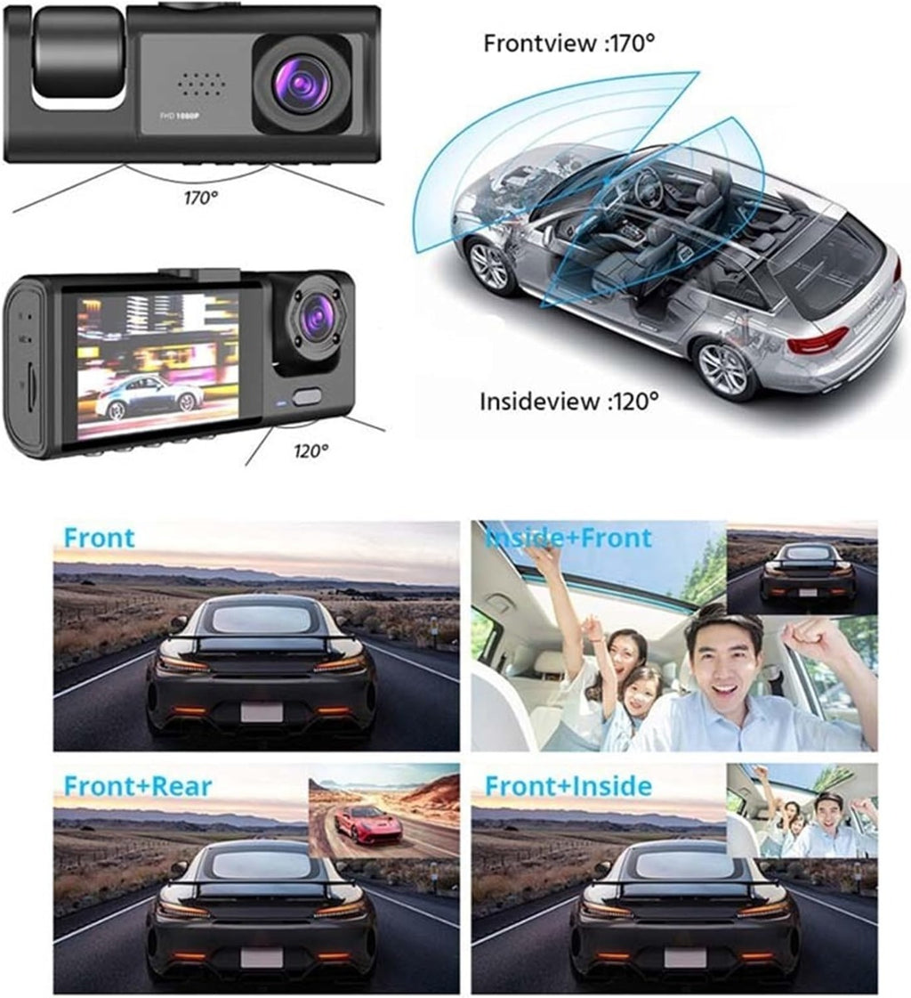 Dash cam tripla con indicazione angoli 170° e 120° per più inquadrature.