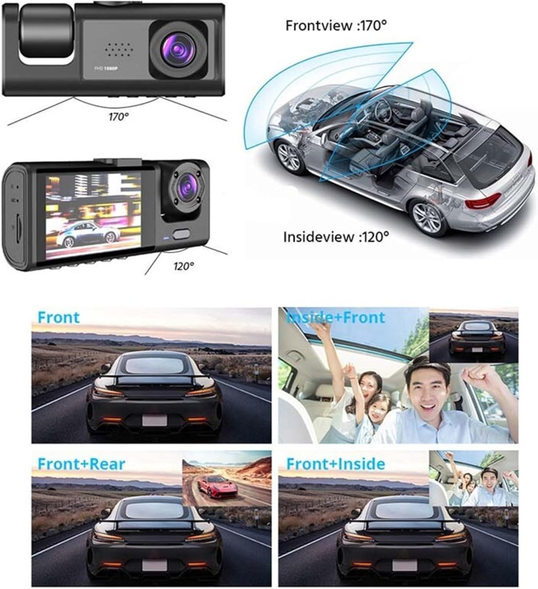 Dash cam tripla con indicazione angoli 170° e 120° per più inquadrature.