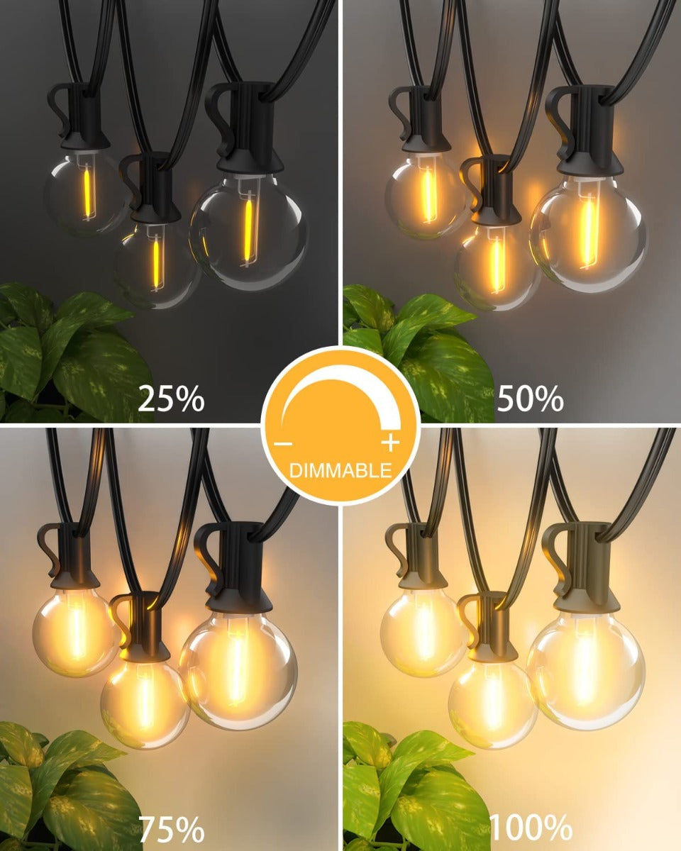Catena di lampadine solari con dimmer: luminosità 25% 50% 75% 100%, bulbi a globo