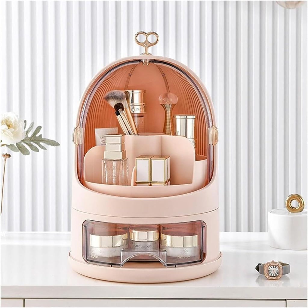 Organizer cosmetici con base bianca e cupola trasparente color bronzo, scomparti interni